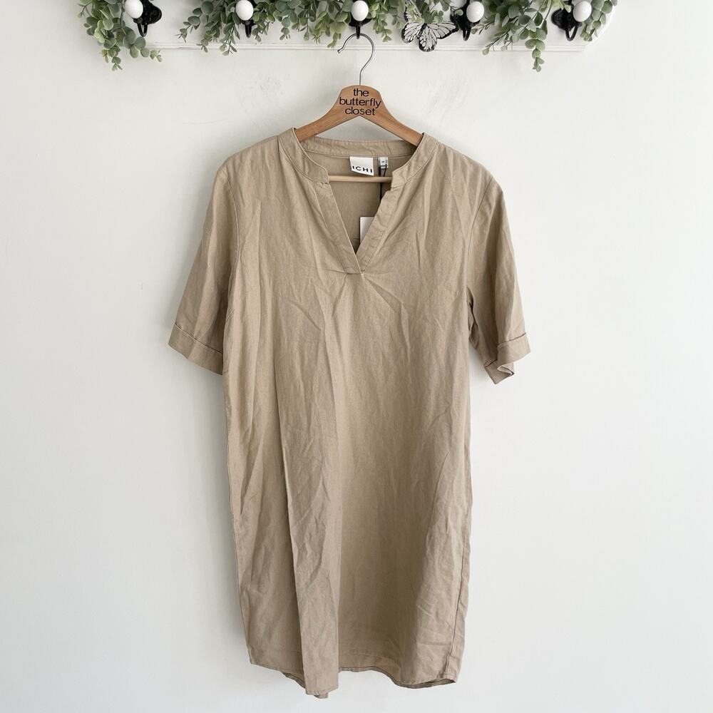 Ichi lagenlook Khaki Beige linen blend Short Sleeve V-neck Midi Dress Size 38